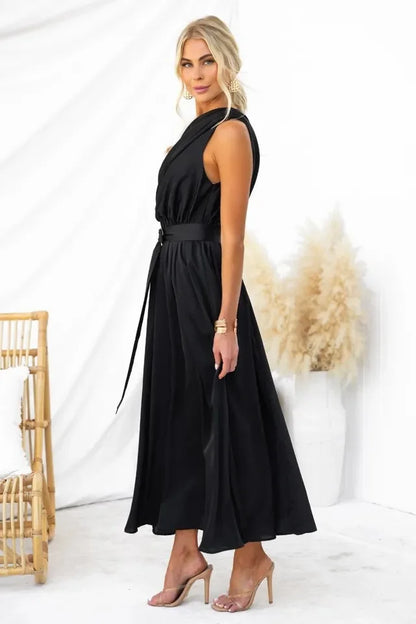 Maxi Dresses- Sleeveless Asymmetric Belted Waist Flowy Maxi Dress- - IndioGear.com