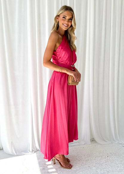 Maxi Dresses- Sleeveless Asymmetric Belted Waist Flowy Maxi Dress- - IndioGear.com