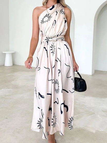 Maxi Dresses- Sleeveless Asymmetric Belted Waist Flowy Maxi Dress- Apricot- IndioGear.com