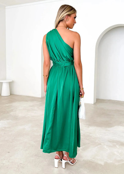 Maxi Dresses- Sleeveless Asymmetric Belted Waist Flowy Maxi Dress- - IndioGear.com