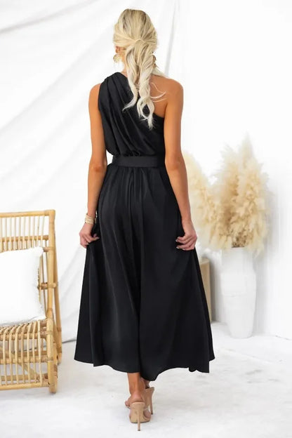 Maxi Dresses- Sleeveless Asymmetric Belted Waist Flowy Maxi Dress- - IndioGear.com