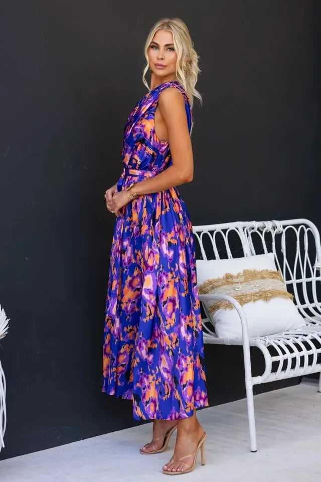 Maxi Dresses- Sleeveless Asymmetric Belted Waist Flowy Maxi Dress- - IndioGear.com