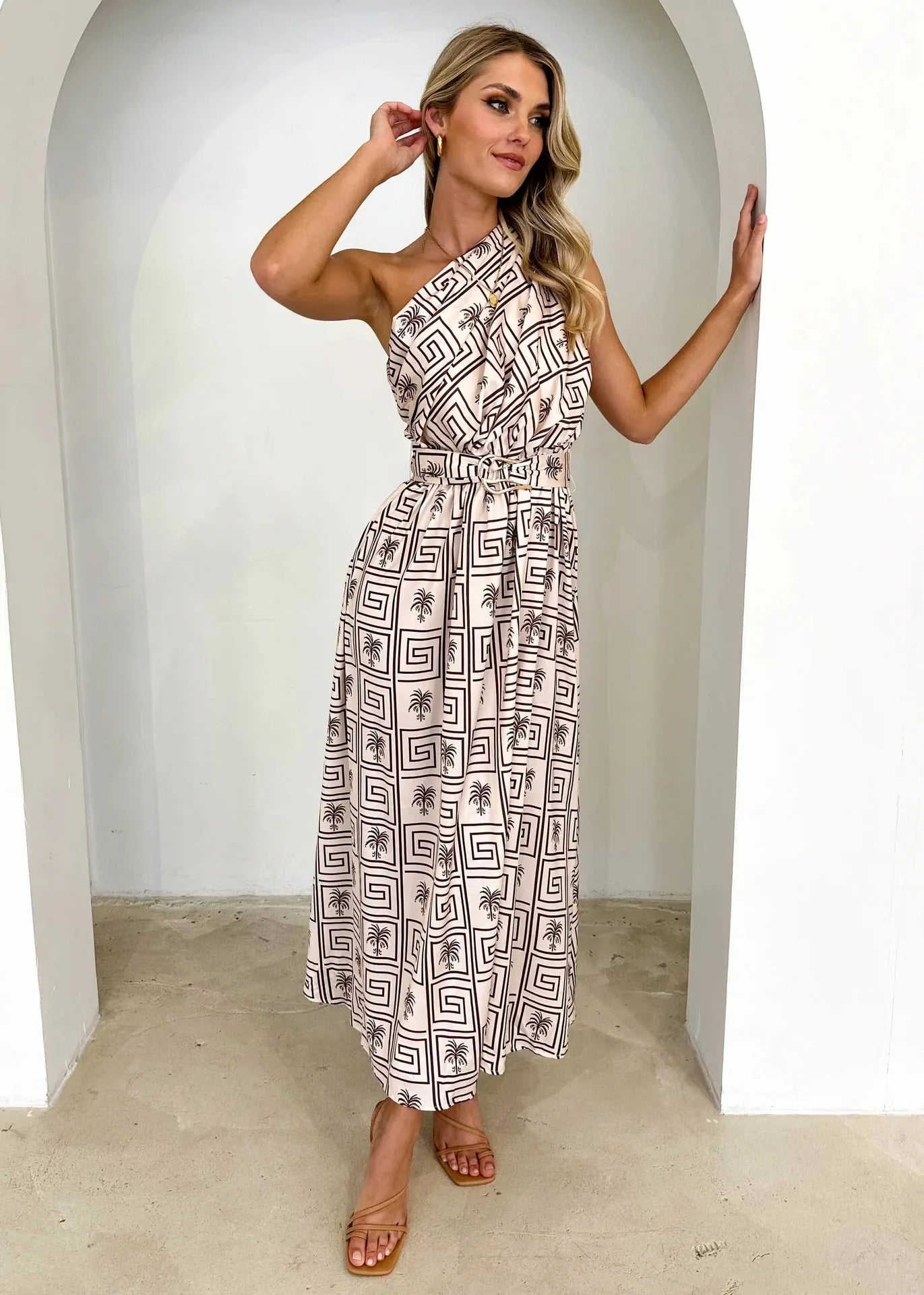 Maxi Dresses- Sleeveless Asymmetric Belted Waist Flowy Maxi Dress- - IndioGear.com