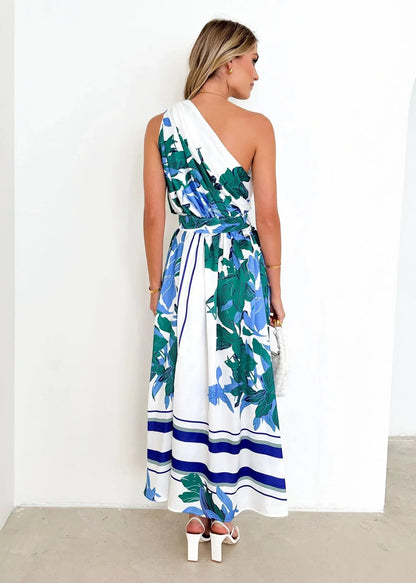 Maxi Dresses- Sleeveless Asymmetric Belted Waist Flowy Maxi Dress- - IndioGear.com