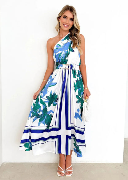 Maxi Dresses- Sleeveless Asymmetric Belted Waist Flowy Maxi Dress- - IndioGear.com