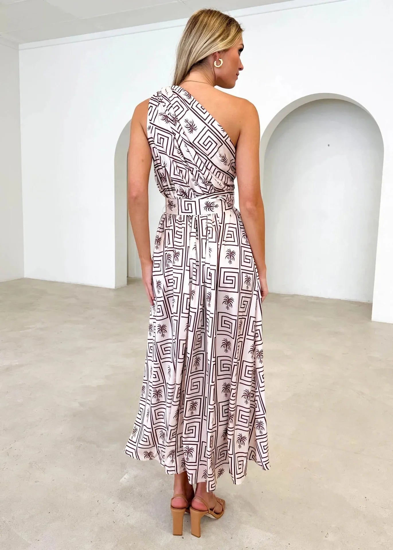 Maxi Dresses- Sleeveless Asymmetric Belted Waist Flowy Maxi Dress- - IndioGear.com