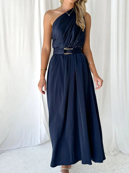 Maxi Dresses- Sleeveless Asymmetric Belted Waist Flowy Maxi Dress- Ink Blue- IndioGear.com