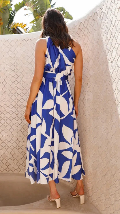 Maxi Dresses- Sleeveless Asymmetric Belted Waist Flowy Maxi Dress- - IndioGear.com