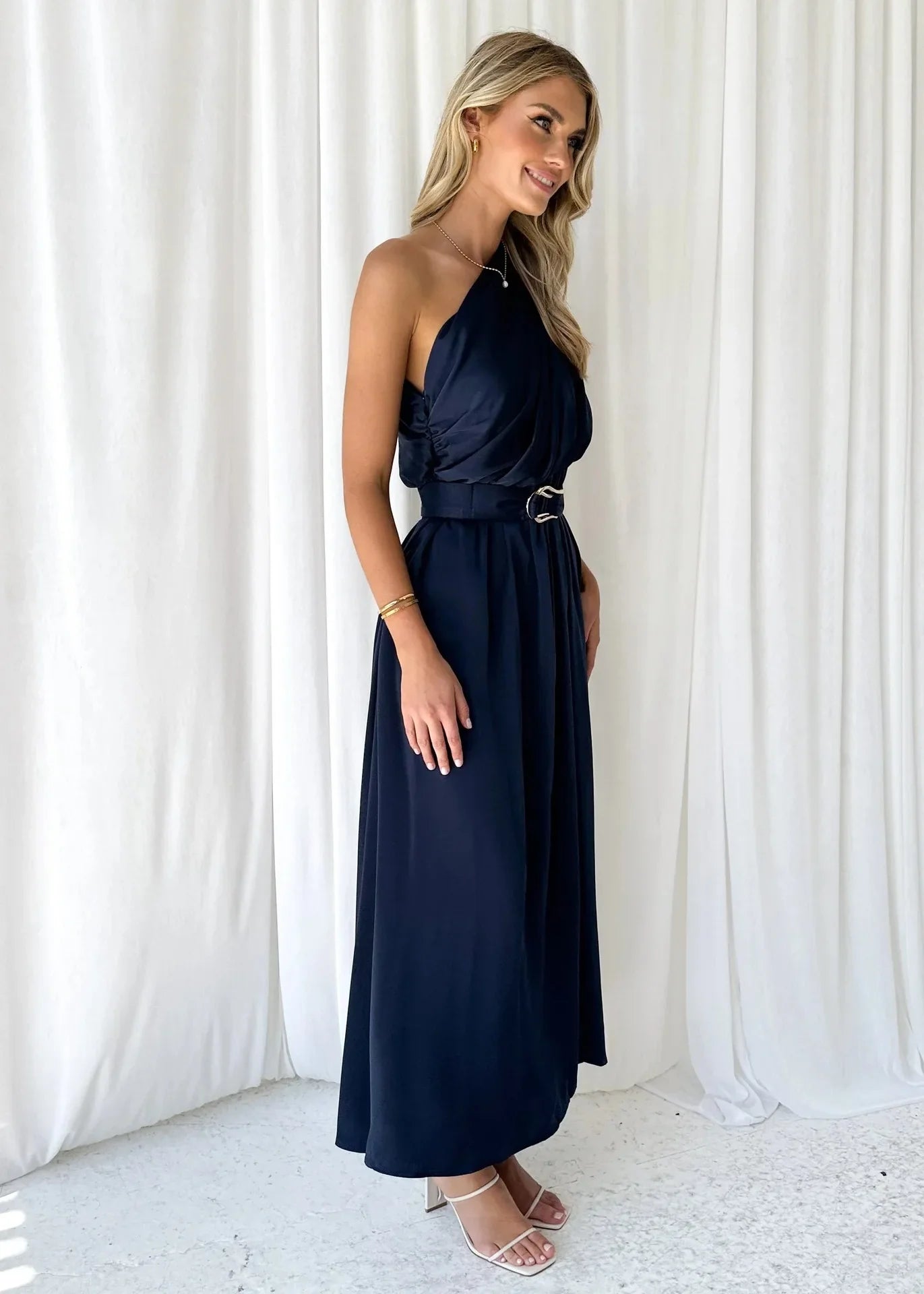 Maxi Dresses- Sleeveless Asymmetric Belted Waist Flowy Maxi Dress- - IndioGear.com