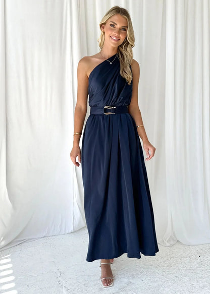 Maxi Dresses- Sleeveless Asymmetric Belted Waist Flowy Maxi Dress- - IndioGear.com