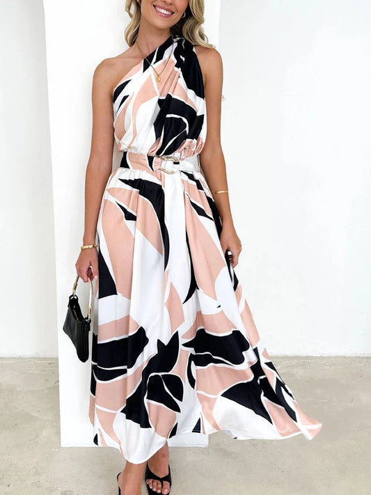 Maxi Dresses- Sleeveless Asymmetric Belted Waist Flowy Maxi Dress- Apricot white- IndioGear.com