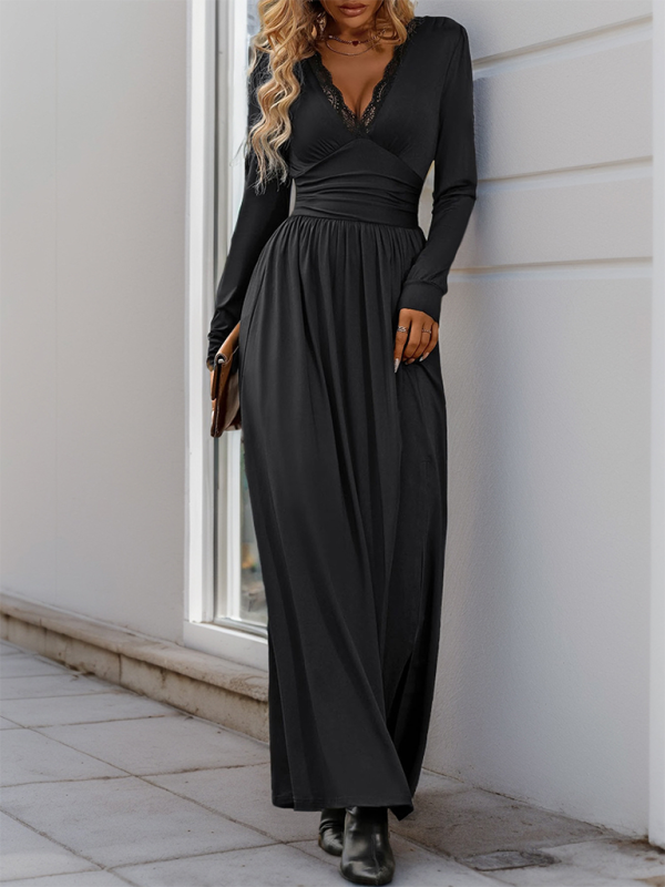 Maxi Dresses- Solid Slim Fit Maxi Dress V-neck- - IndioGear.com