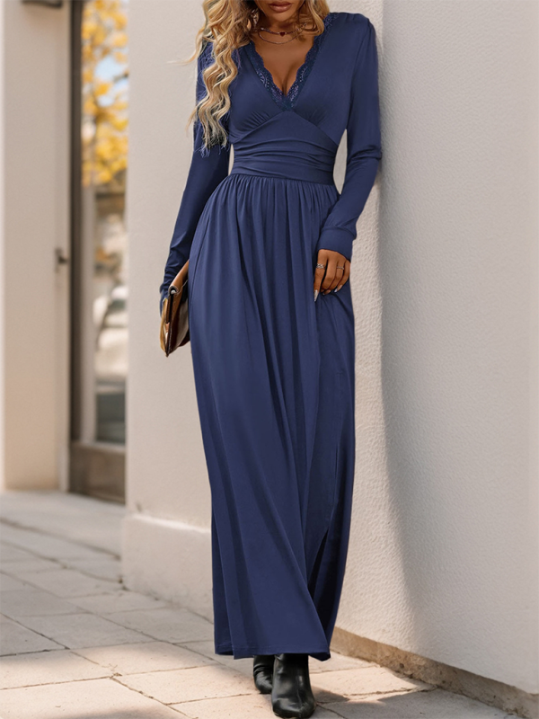 Maxi Dresses- Solid Slim Fit Maxi Dress V-neck- - IndioGear.com