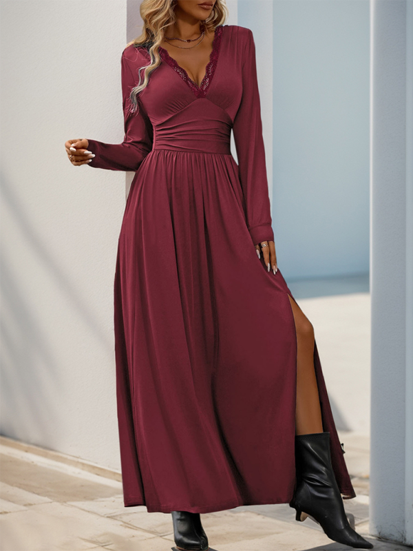 Maxi Dresses- Solid Slim Fit Maxi Dress V-neck- - IndioGear.com