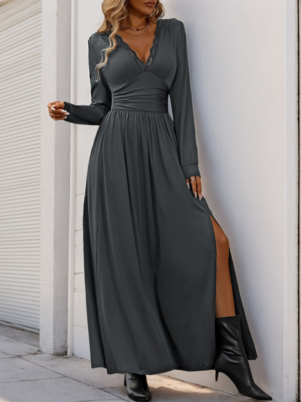 Maxi Dresses- Solid Slim Fit Maxi Dress V-neck- Charcoal grey- IndioGear.com