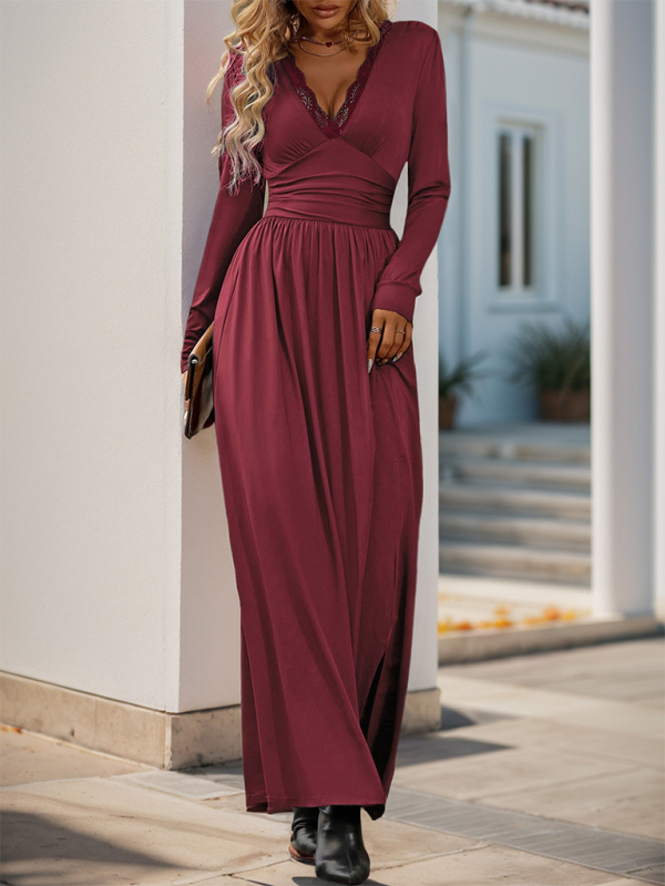 Maxi Dresses- Solid Slim Fit Maxi Dress V-neck- - IndioGear.com