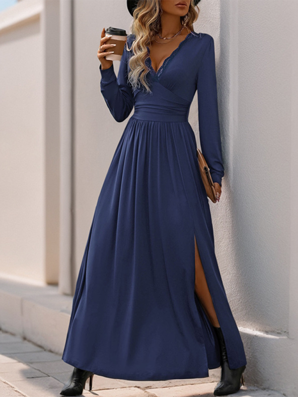 Maxi Dresses- Solid Slim Fit Maxi Dress V-neck- - IndioGear.com