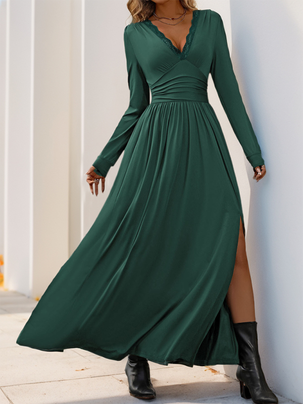 Maxi Dresses- Solid Slim Fit Maxi Dress V-neck- - IndioGear.com