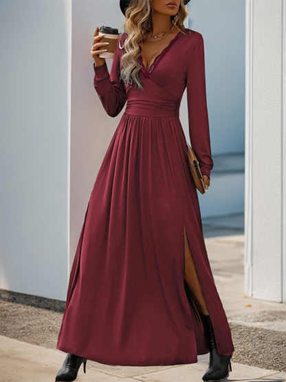 Maxi Dresses- Solid Slim Fit Maxi Dress V-neck- Wine Red- IndioGear.com