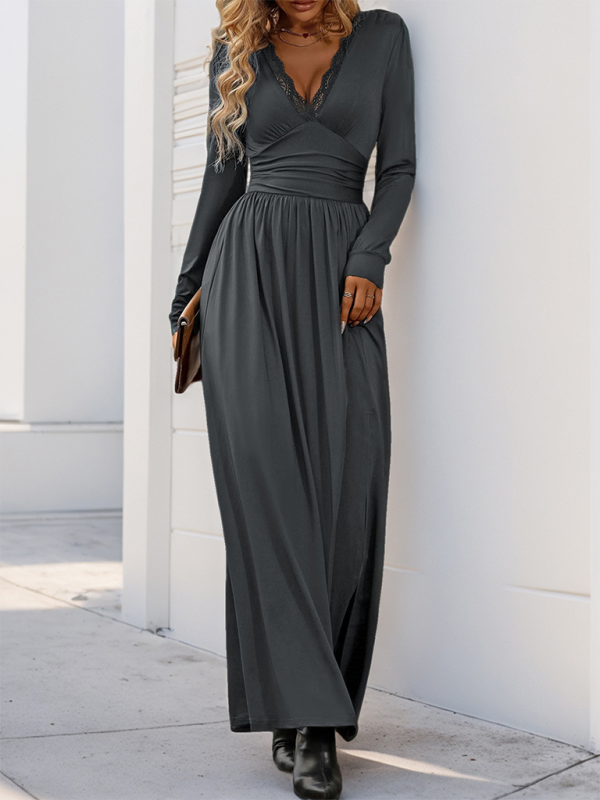 Maxi Dresses- Solid Slim Fit Maxi Dress V-neck- - IndioGear.com