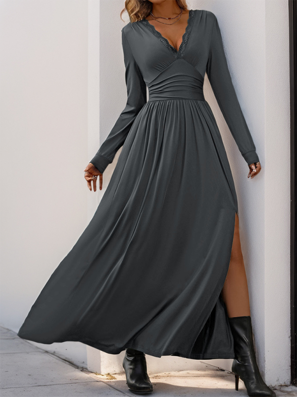 Maxi Dresses- Solid Slim Fit Maxi Dress V-neck- - IndioGear.com