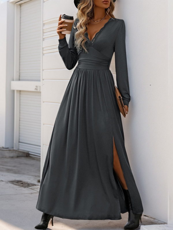 Maxi Dresses- Solid Slim Fit Maxi Dress V-neck- - IndioGear.com