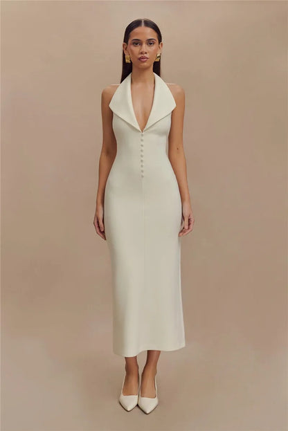 Maxi Dresses- Sophisticated Backless Halter Dress for Formal Occasions- White- IndioGear Women Clothing