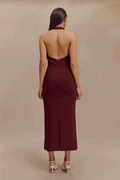 Maxi Dresses- Sophisticated Backless Halter Dress for Formal Occasions- - IndioGear Women Clothing