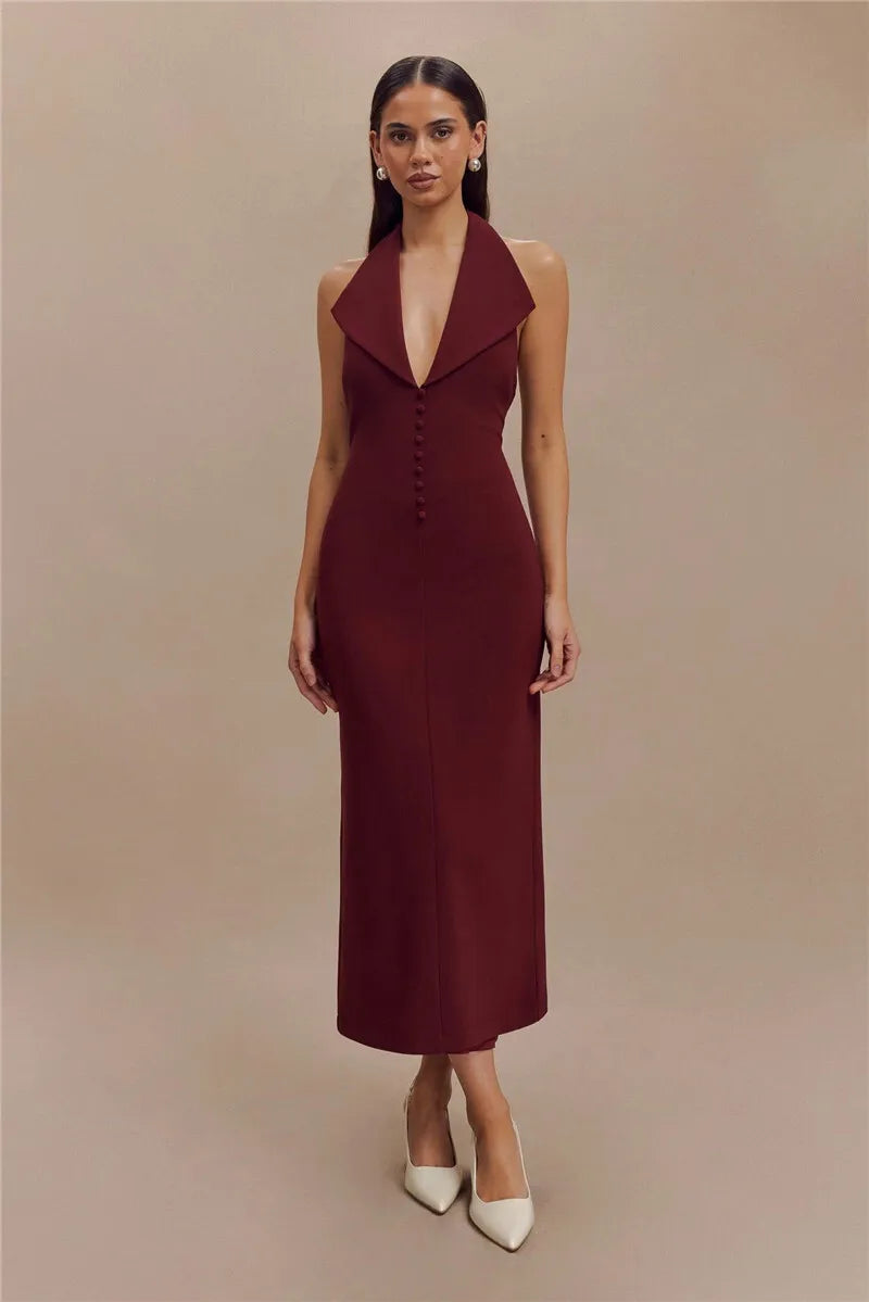 Maxi Dresses- Sophisticated Backless Halter Dress for Formal Occasions- Burgundy- IndioGear Women Clothing