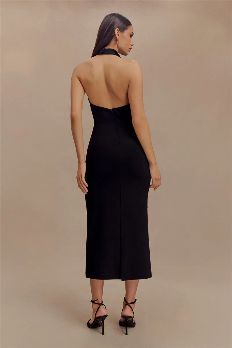 Maxi Dresses- Sophisticated Backless Halter Dress for Formal Occasions- - IndioGear Women Clothing