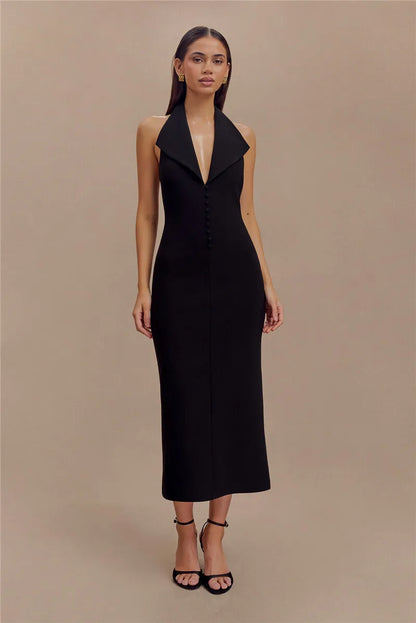 Maxi Dresses- Sophisticated Backless Halter Dress for Formal Occasions- - IndioGear Women Clothing