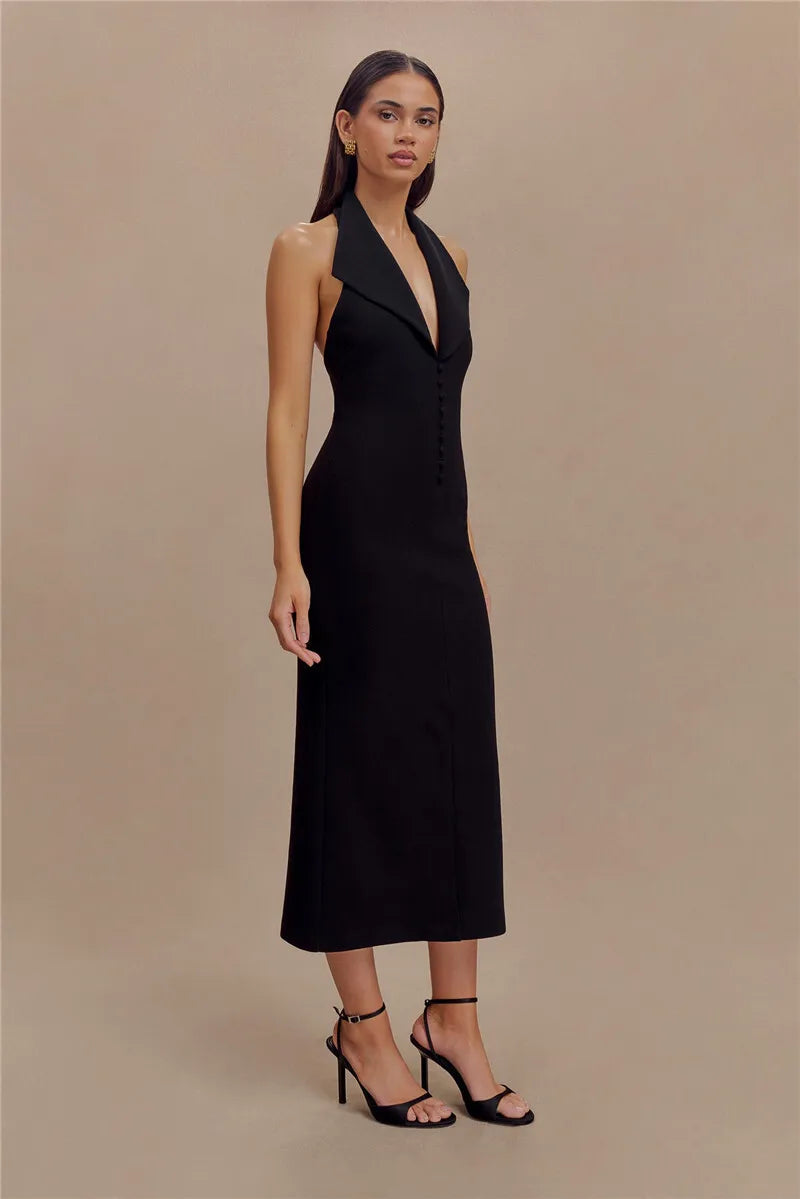 Maxi Dresses- Sophisticated Backless Halter Dress for Formal Occasions- - IndioGear Women Clothing