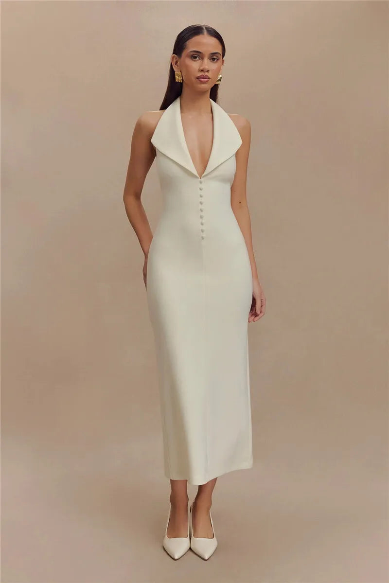 Maxi Dresses- Sophisticated Backless Halter Dress for Formal Occasions- - IndioGear Women Clothing