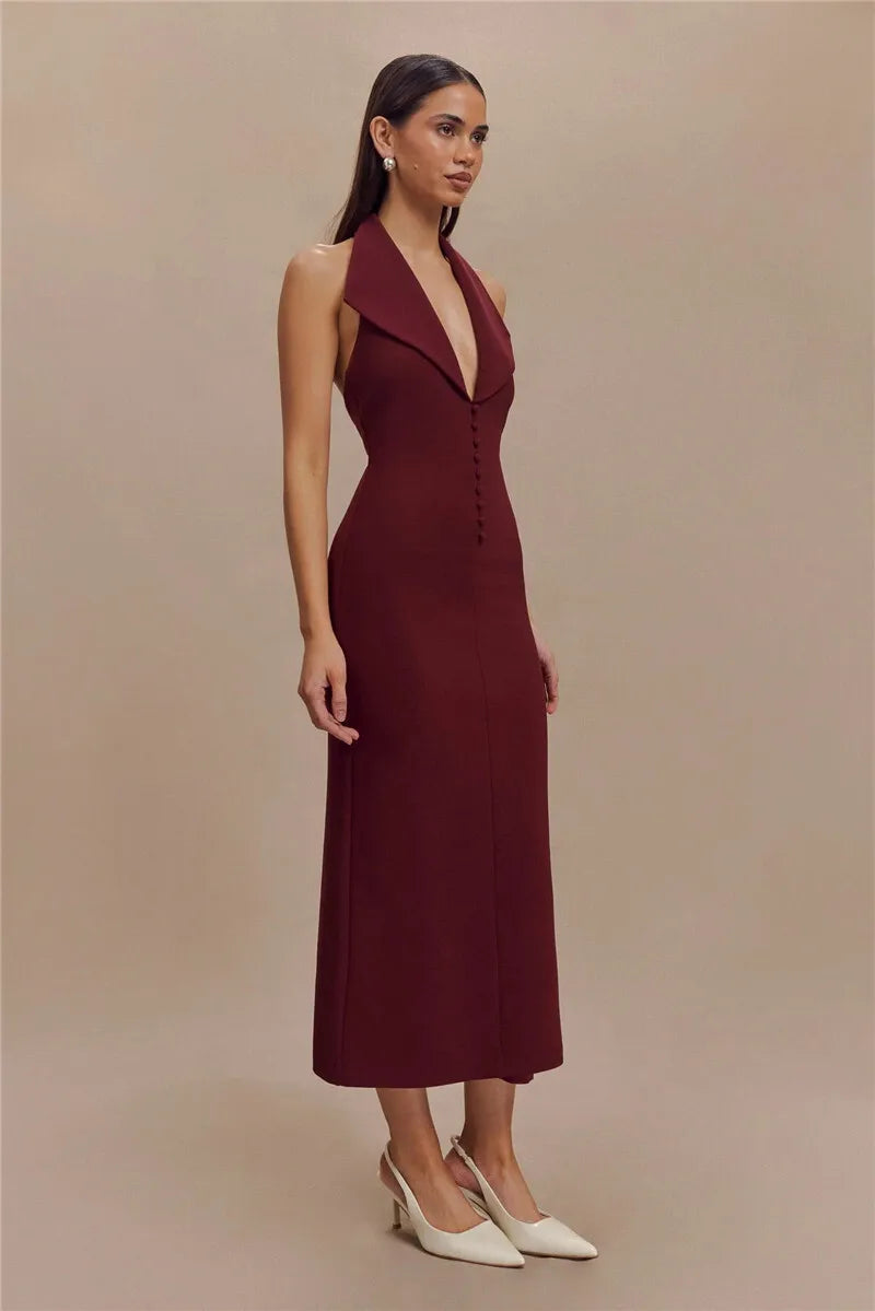 Maxi Dresses- Sophisticated Backless Halter Dress for Formal Occasions- - IndioGear Women Clothing