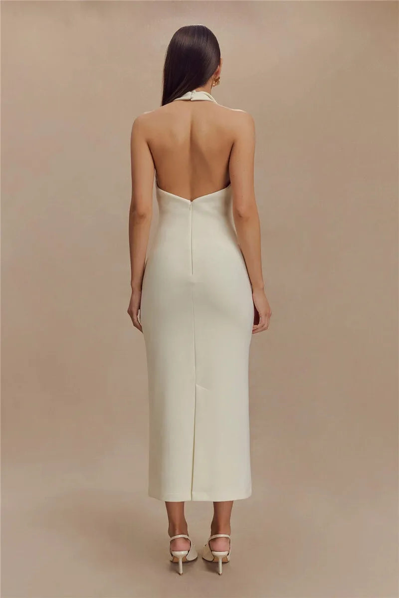 Maxi Dresses- Sophisticated Backless Halter Dress for Formal Occasions- - IndioGear Women Clothing