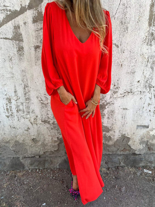 Maxi Dresses- Summer Loose V-Neck Tunic Maxi Dress with Long Sleeves- - IndioGear Fashion and Gear