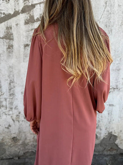 Maxi Dresses- Summer Loose V-Neck Tunic Maxi Dress with Long Sleeves- - IndioGear Fashion and Gear