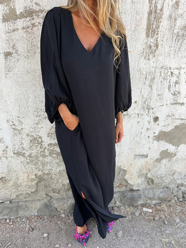 Maxi Dresses- Summer Loose V-Neck Tunic Maxi Dress with Long Sleeves- - IndioGear Fashion and Gear