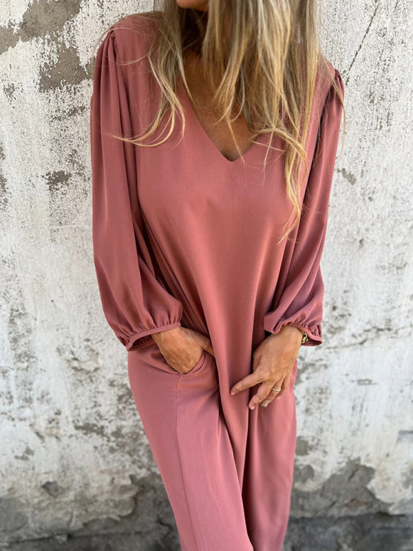 Maxi Dresses- Summer Loose V-Neck Tunic Maxi Dress with Long Sleeves- - IndioGear Fashion and Gear