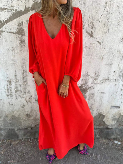 Maxi Dresses- Summer Loose V-Neck Tunic Maxi Dress with Long Sleeves- - IndioGear Fashion and Gear