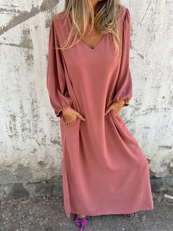 Maxi Dresses- Summer Loose V-Neck Tunic Maxi Dress with Long Sleeves- - IndioGear Fashion and Gear