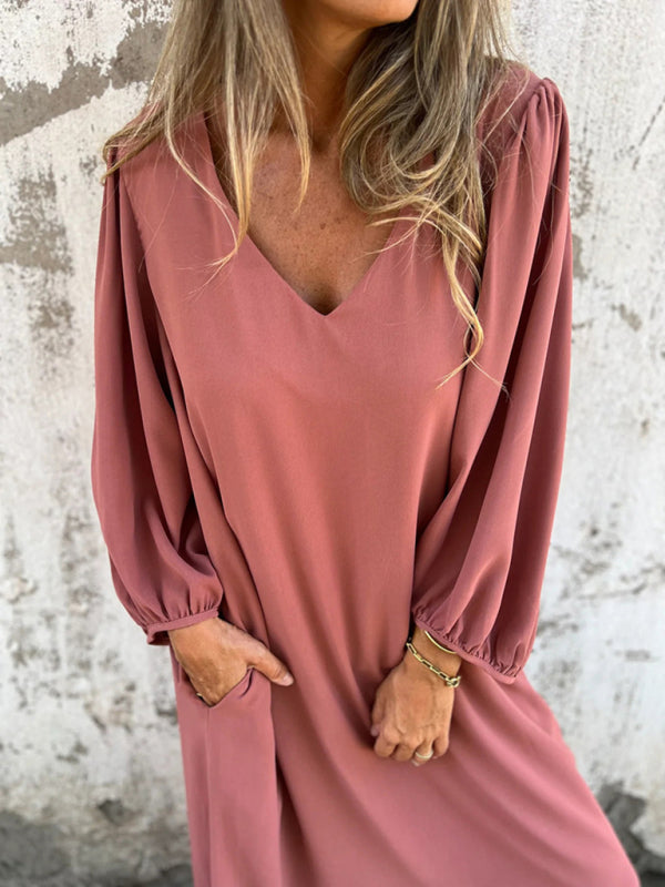 Maxi Dresses- Summer Loose V-Neck Tunic Maxi Dress with Long Sleeves- Pink- IndioGear Fashion and Gear