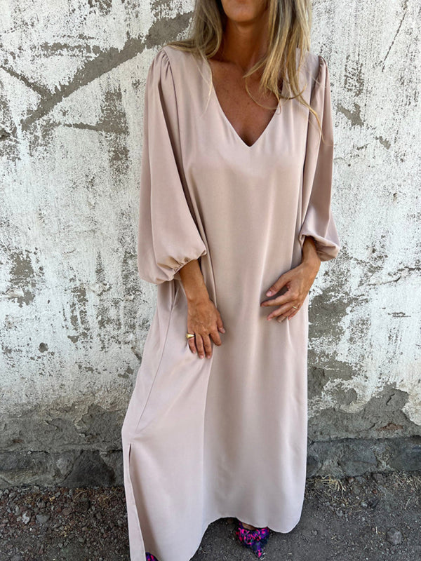 Maxi Dresses- Summer Loose V-Neck Tunic Maxi Dress with Long Sleeves- - IndioGear Fashion and Gear