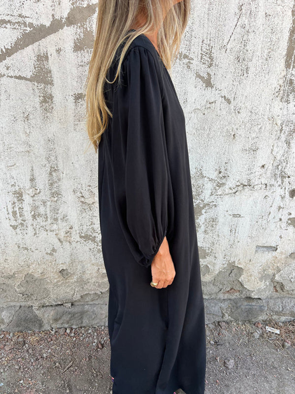 Maxi Dresses- Summer Loose V-Neck Tunic Maxi Dress with Long Sleeves- - IndioGear Fashion and Gear