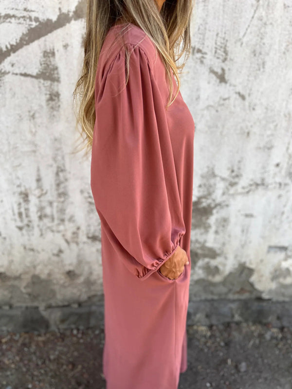 Maxi Dresses- Summer Loose V-Neck Tunic Maxi Dress with Long Sleeves- - IndioGear Fashion and Gear