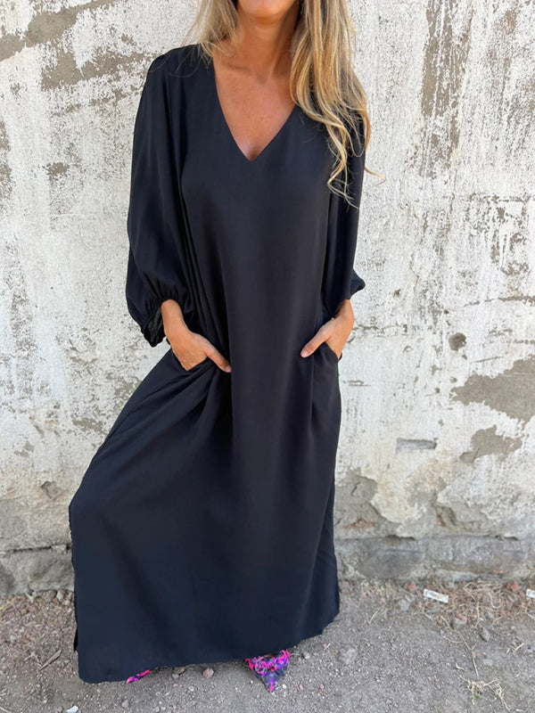 Maxi Dresses- Summer Loose V-Neck Tunic Maxi Dress with Long Sleeves- - IndioGear Fashion and Gear