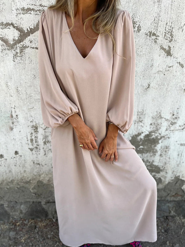 Maxi Dresses- Summer Loose V-Neck Tunic Maxi Dress with Long Sleeves- - IndioGear Fashion and Gear