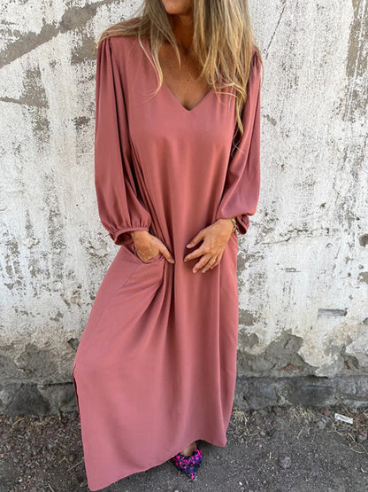 Maxi Dresses- Summer Loose V-Neck Tunic Maxi Dress with Long Sleeves- - IndioGear Fashion and Gear