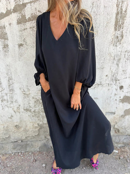 Maxi Dresses- Summer Loose V-Neck Tunic Maxi Dress with Long Sleeves- - IndioGear Fashion and Gear