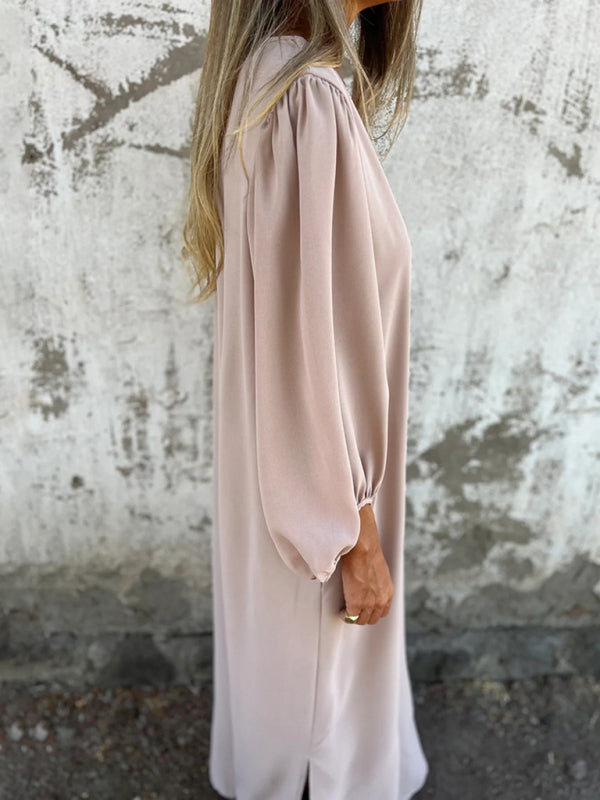 Maxi Dresses- Summer Loose V-Neck Tunic Maxi Dress with Long Sleeves- - IndioGear Fashion and Gear